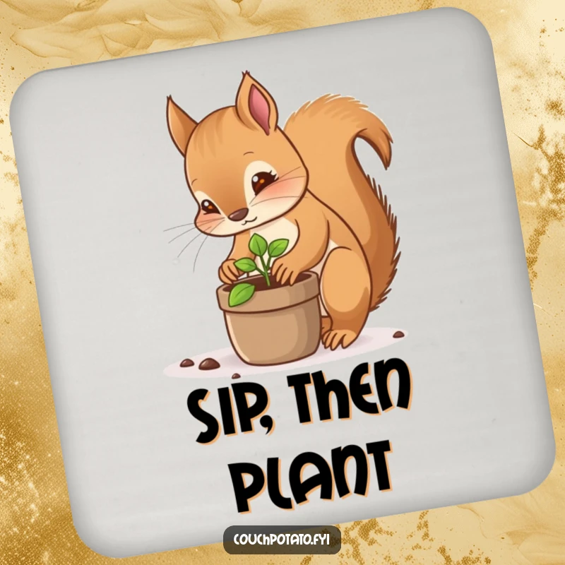 Funny squirrel planting coaster, a focused squirrel carefully planting a tiny sprout in a pot, charming and humorous table protection.