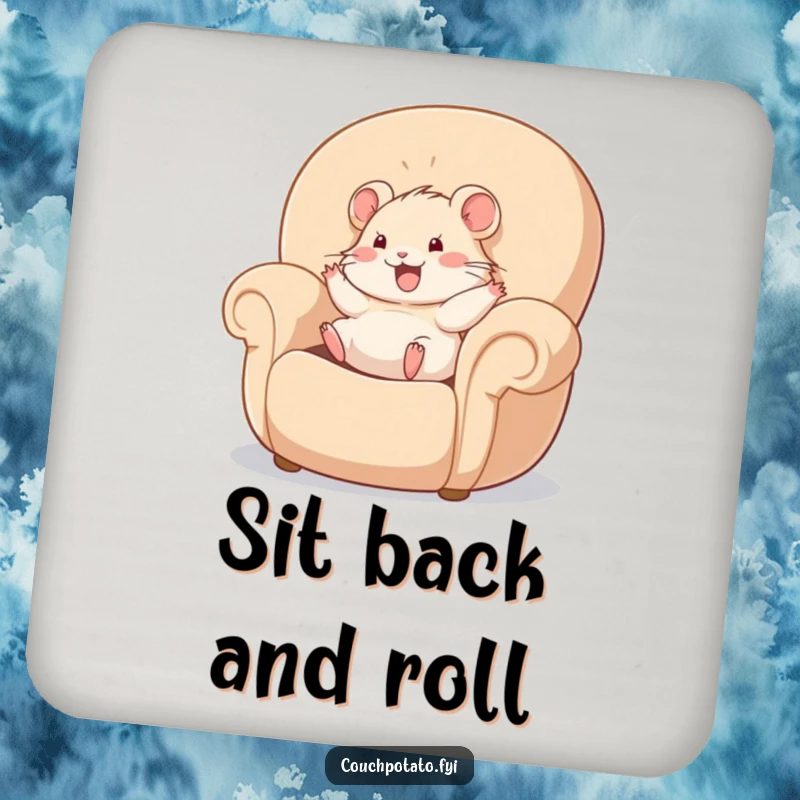Funny hamster happily rolling in a giant, plush armchair, presented on a coaster, providing a humorous and practical surface protection.