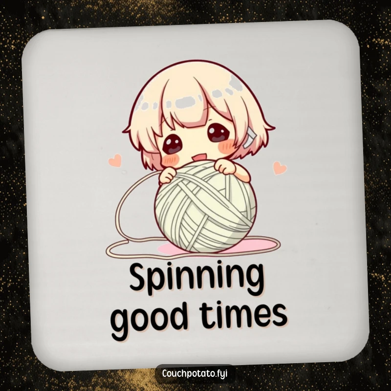 Funny Drink Coasters featuring a character efficiently winding yarn into a neat ball, protecting surfaces.