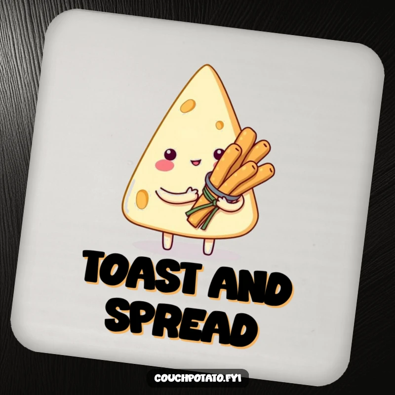 Funny drink coasters with a smitten cream cheese character holding a bouquet of small breadsticks, protecting surfaces with humor.