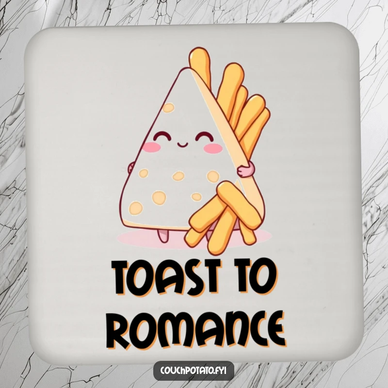 Funny drink coaster with a smitten cream cheese triangle offering breadsticks, perfect for a touch of romantic humor.