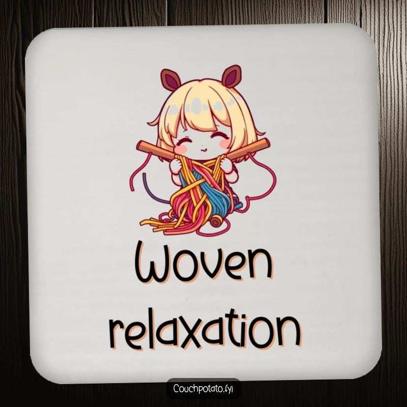 Funny drink coasters showing a happy character weaving colorful yarn into a complex pattern, protecting surfaces with artistic humor.