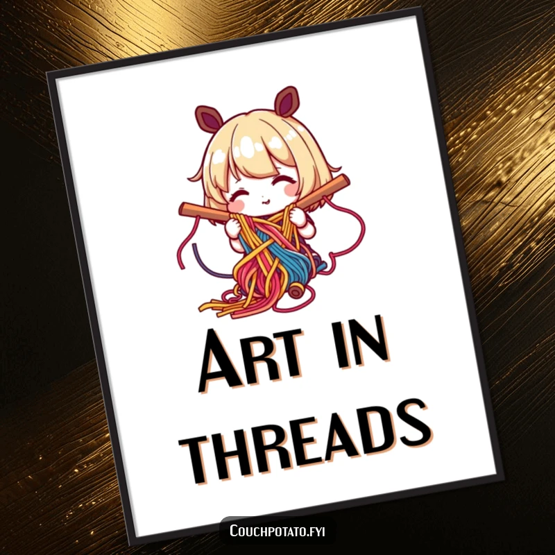 Funny poster art of a happy character weaving colorful yarn into a complex pattern, celebrating intricate textile art.