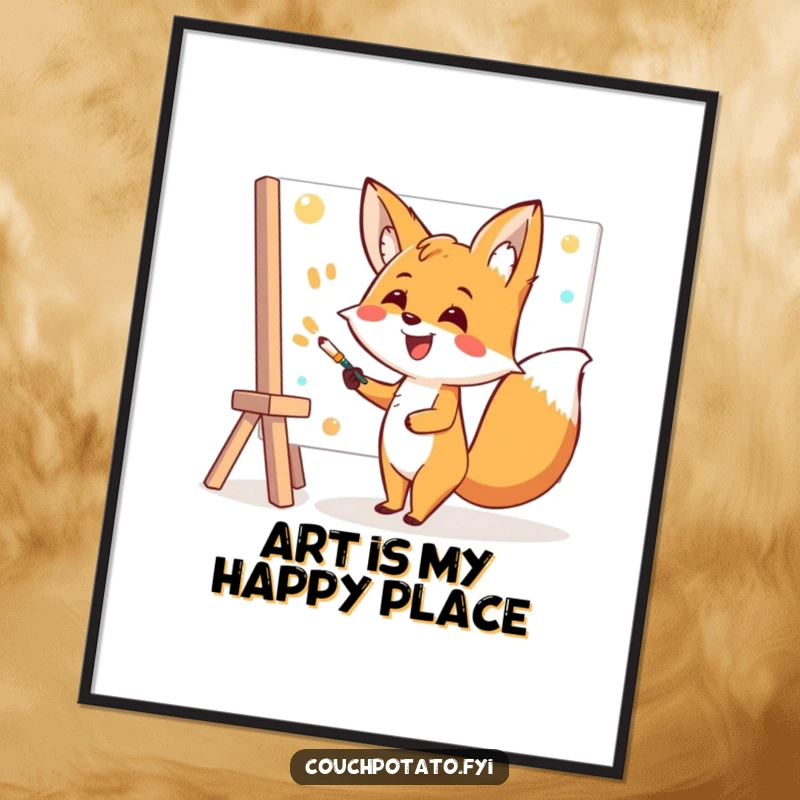 Funny Fox Painting Poster: A cheerful fox artist beams while enthusiastically creating art on a large canvas, inspiring smiles.
