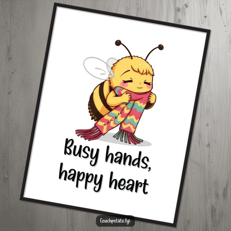 Funny Bee Knitting Poster: A busy bee is depicted with intense focus, skillfully knitting a long, colorful scarf, inspiring crafters.