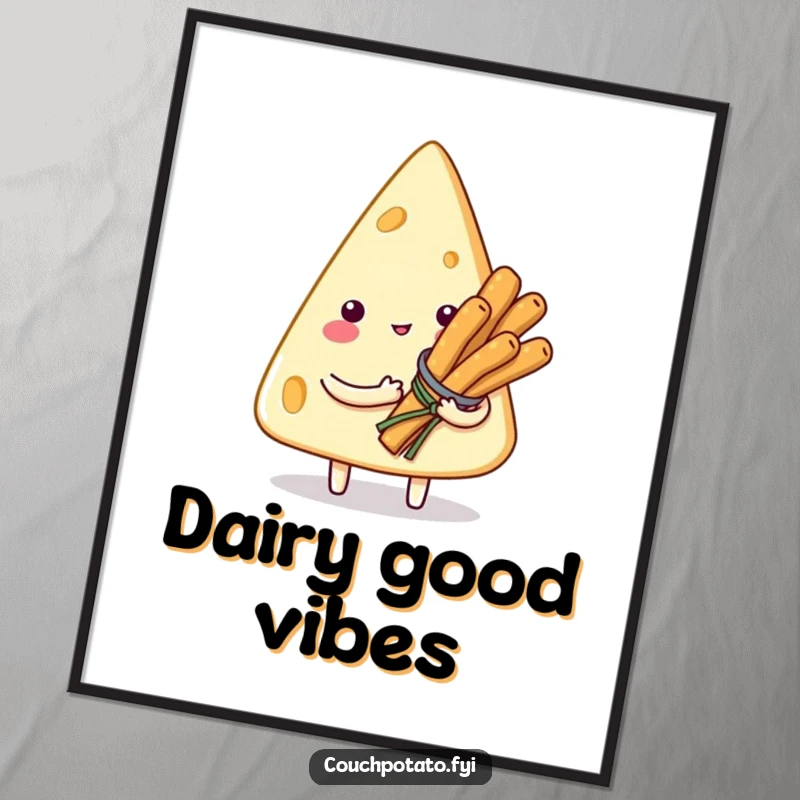 Funny poster art of a smitten cream cheese wedge character holding a bouquet of tiny breadsticks, adding a humorous touch to decor.