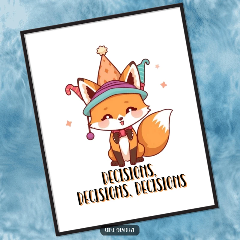 Funny playful fox attempting to don multiple hats at the same time, displayed as amusing wall art on a poster.