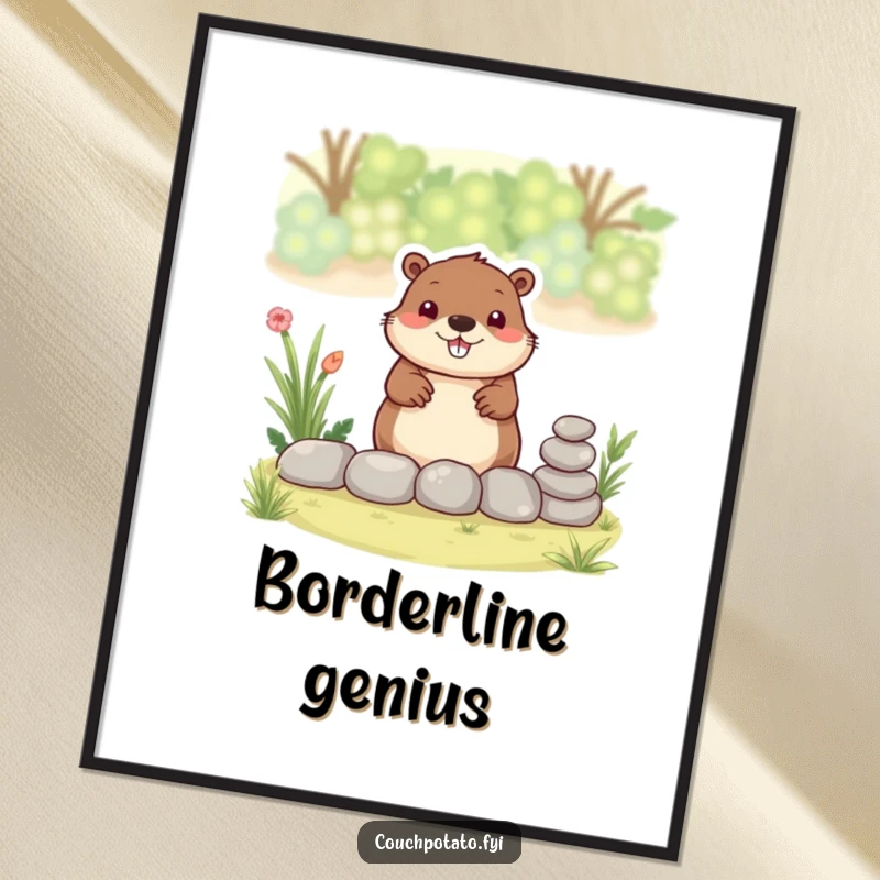 Funny beaver poster, a smiling beaver is meticulously stacking small stones to form a decorative garden border.