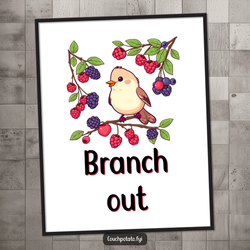 Funny poster showcasing a busy bird tasting various berries from different branches, capturing its delightful exploration of nature's flavors.