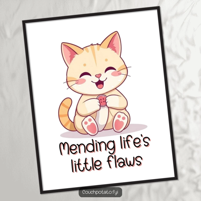 Funny Cat Sewing Poster: A happy cat confidently sews a button onto a piece of fabric, showcasing its skillful stitching.