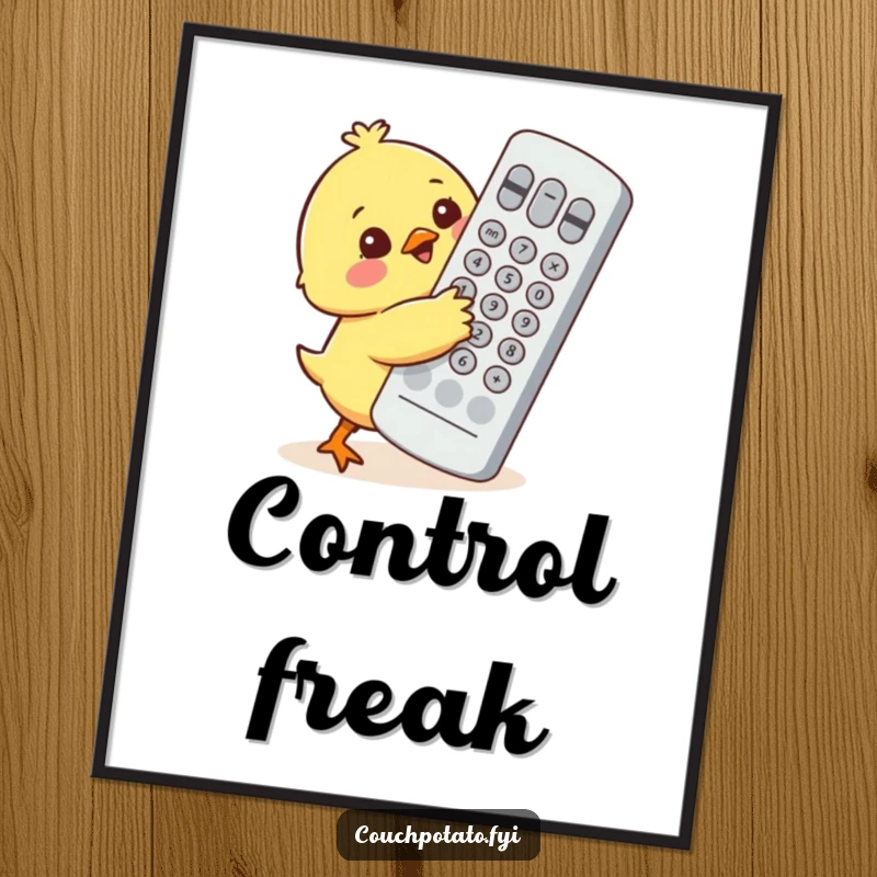 Funny illustration of a small chick character trying to hug a comically large television remote control on a poster.