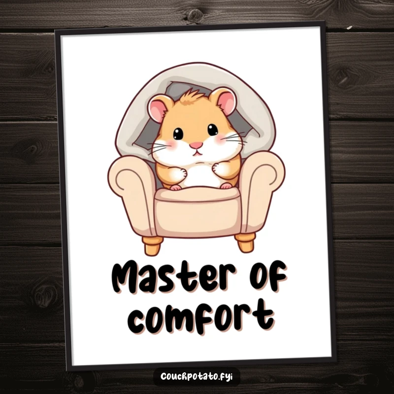 Funny hamster poster print of a chubby hamster peeking from under a cozy blanket on an armchair, adding a touch of warmth and humor.