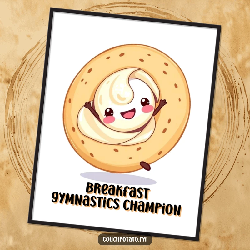 Funny cream cheese swirl doing a cartwheel with a bagel, presented as a vibrant wall art print.