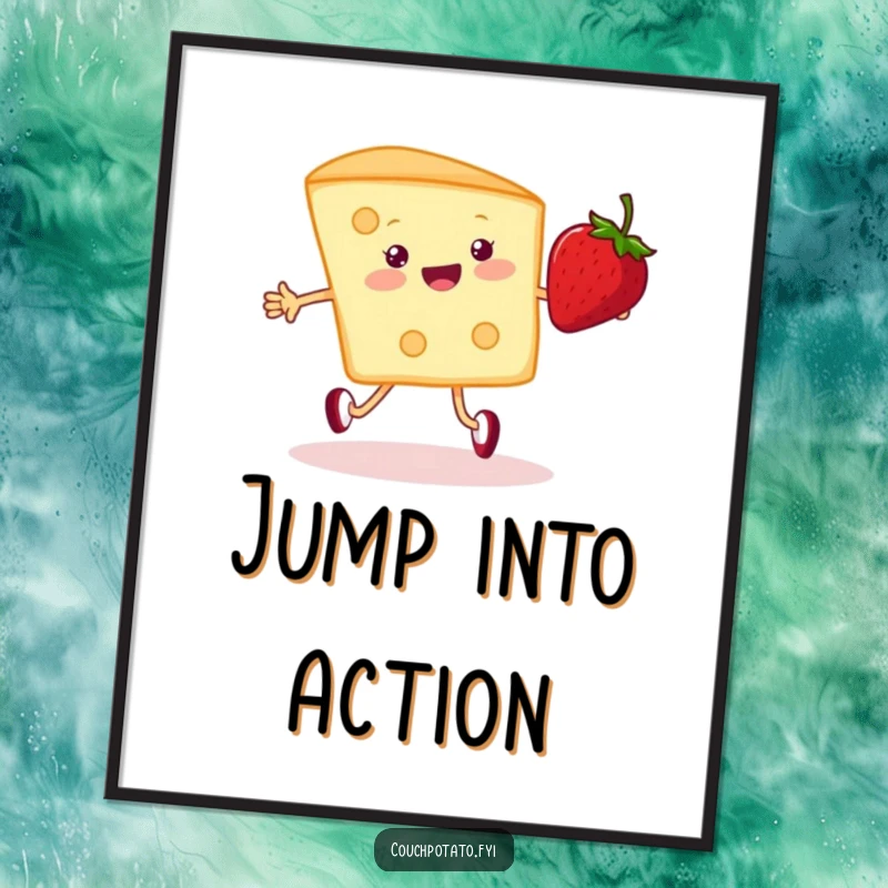 Funny cream cheese and strawberry poster, depicting them happily jumping rope, perfect for humorous and quirky wall decor.