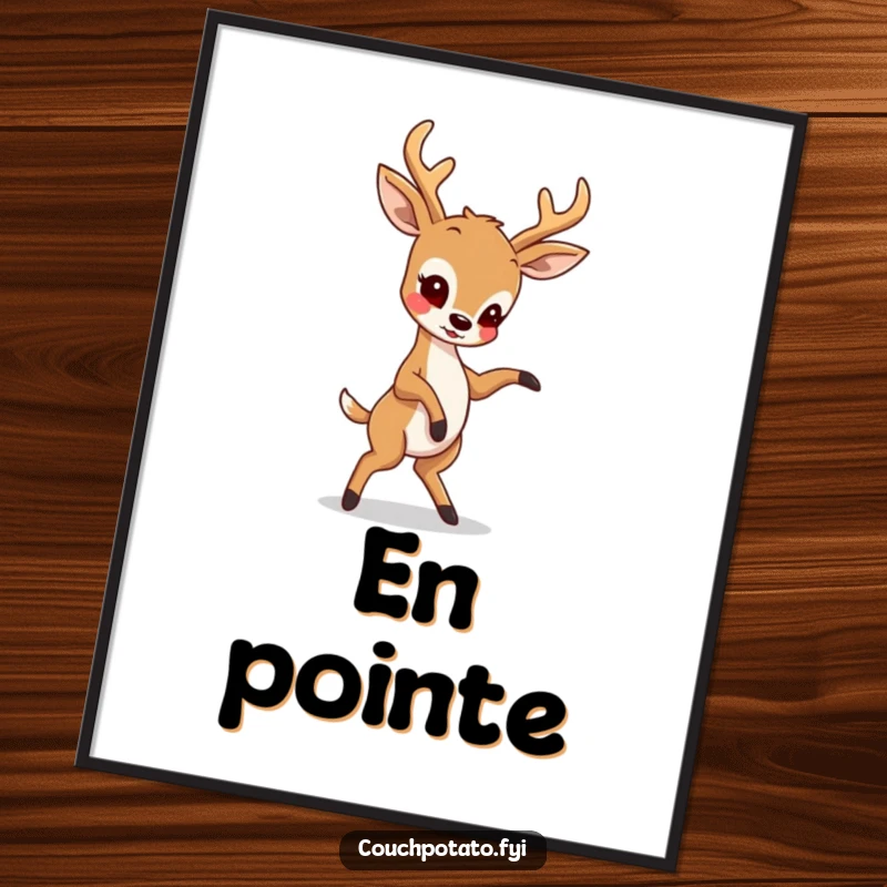 Funny poster of a deer leaping or posing in a complex dance move, capturing its spirited attempt and endearing clumsiness for wall art.