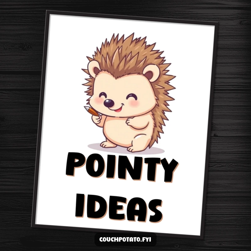 Funny poster showcasing a smiling hedgehog using its quills as drawing tools, creating a unique piece of art, perfect for whimsical wall decor.
