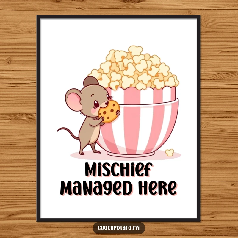 Funny tiny mouse with a mischievous grin sneaking a cookie from a giant popcorn bowl, humorous wall art.