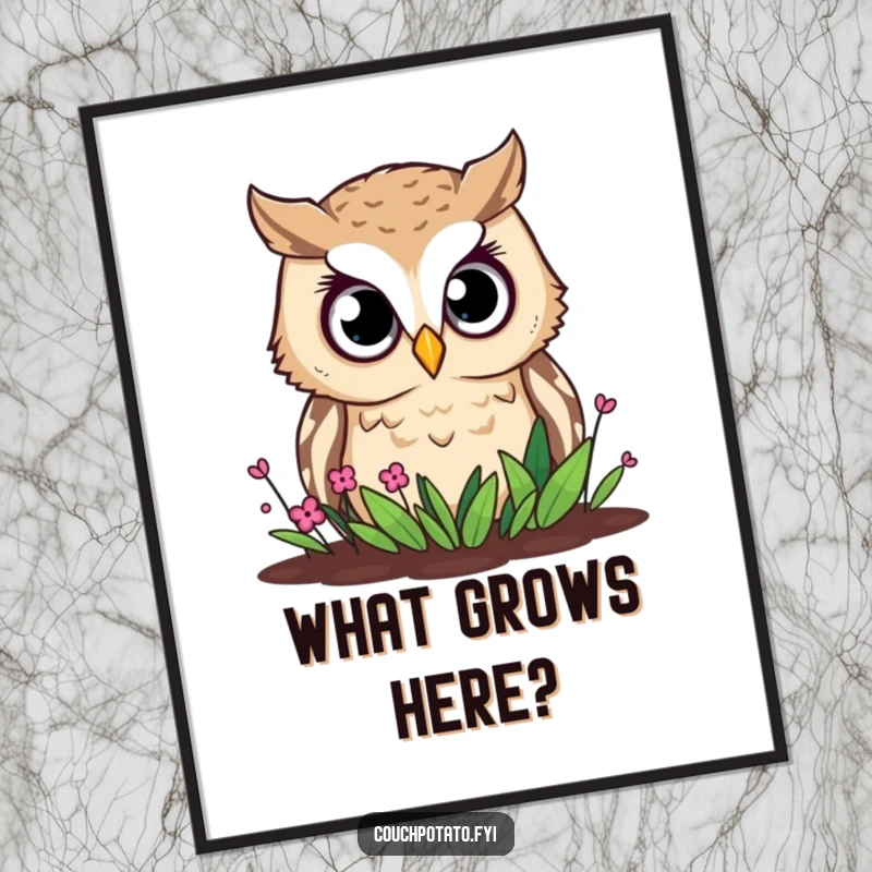 Funny owl poster, a curious owl with very wide eyes is perched above, peering intently at a small garden.