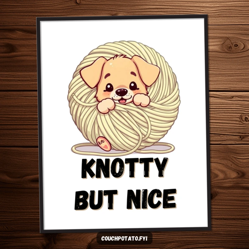 Funny playful puppy character comically tangled in a giant ball of yarn, depicted as a humorous poster.