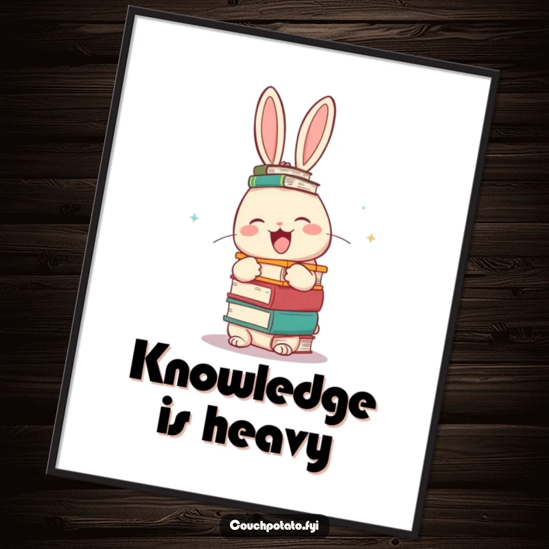 Funny giggling rabbit balancing a large stack of books on its head, displayed as amusing wall art on a poster.