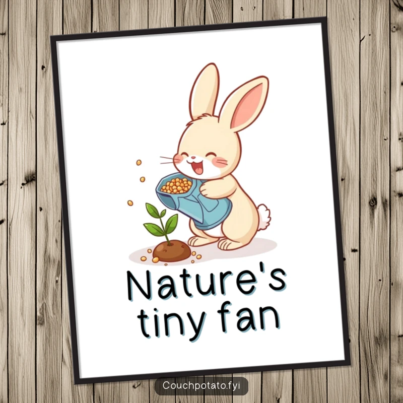 Funny rabbit gardener poster, a cheerful bunny scattering seeds from a watering can onto a small plant, whimsical wall decoration.