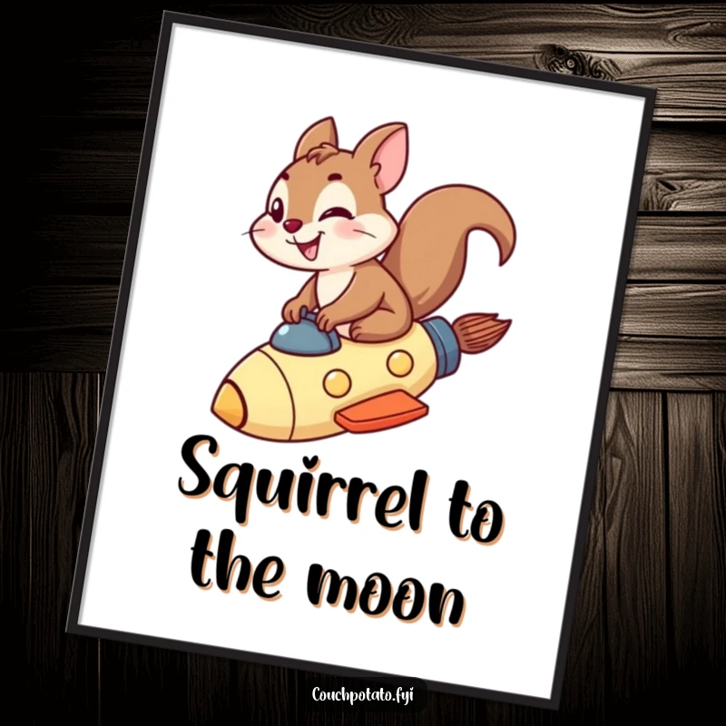Funny squirrel rocket poster showing a fearless squirrel grinning while riding a small rocket ship through the sky.