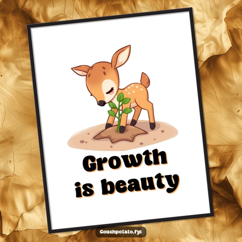 Funny deer poster, a playful deer is meticulously patting soil around a young sapling, a symbol of gentle growth.