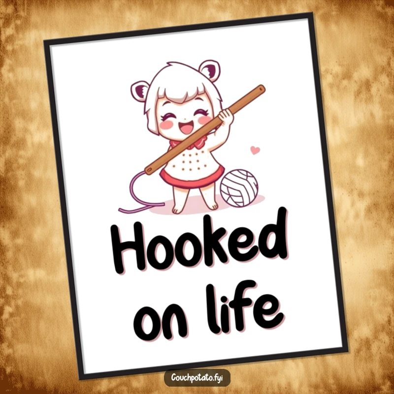Funny poster art of a smiling character enthusiastically swinging a large crochet hook with trailing yarn, celebrating crafting energy.