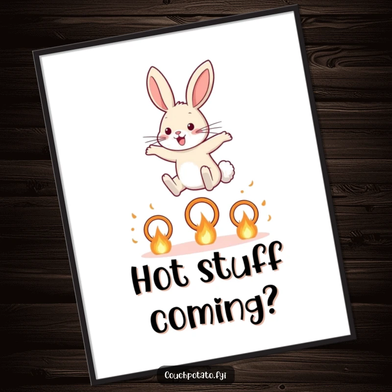 Funny Rabbit Poster: A brave rabbit is shown mid-leap over a series of small, fiery hoops, creating a dynamic scene.