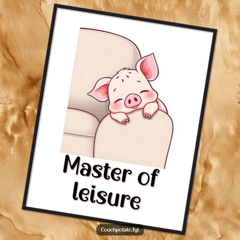 Funny cheerful piglet poster print of a piglet draped over a couch armrest, wiggling toes, symbolizing ultimate contentment and joy.