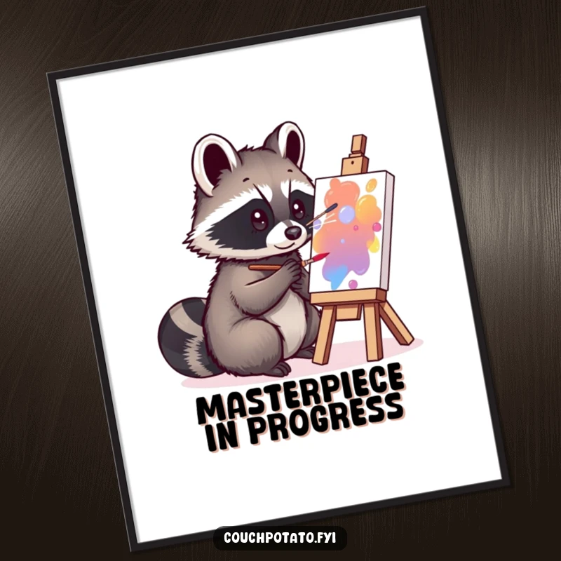Funny curious raccoon intent on painting on a small canvas, displayed as humorous wall art on a poster.