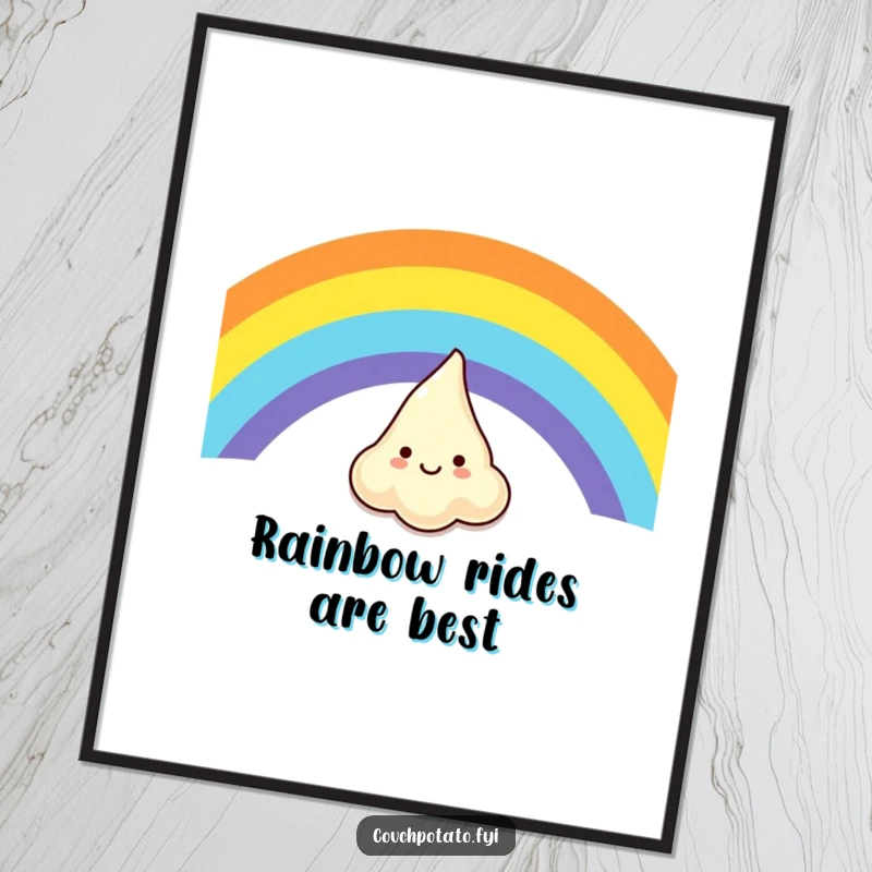 Funny poster art depicting a laughing cream cheese character joyfully sliding down a spectacular rainbow, bringing vibrant cheer.