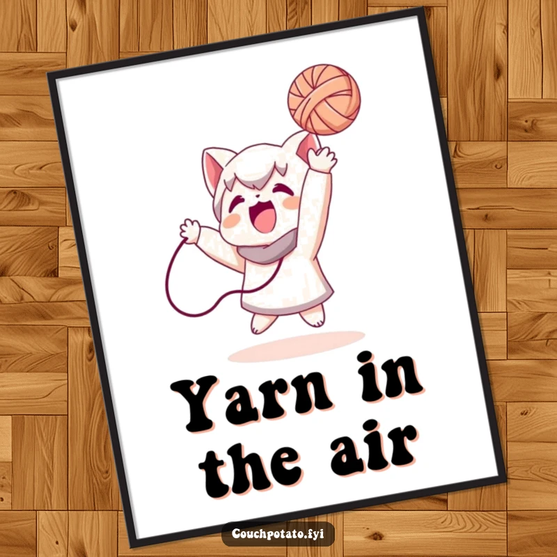 Funny poster art of a character joyfully tossing a ball of yarn, adding a vibrant and humorous splash to any wall decor.