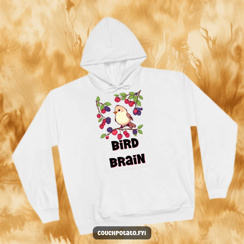Funny hoodie depicting a busy bird hopping between branches, tasting a variety of colorful berries with enthusiastic focus, perfect for cozy bird watching.
