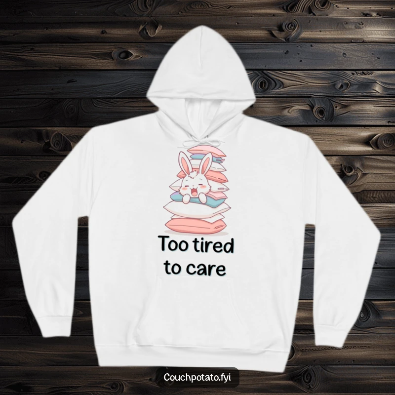 Funny fluffy bunny yawning while balancing a massive pile of pillows, featured on a cozy hoodie, ideal for humorous relaxation.