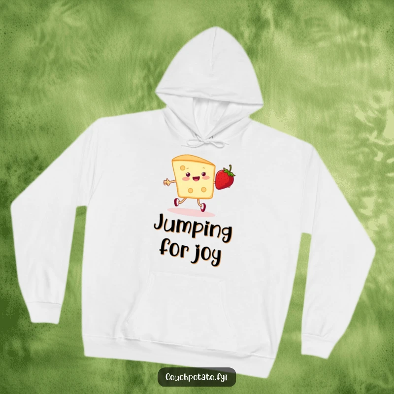 Funny cozy hoodie featuring a cheerful cream cheese wedge happily jumping rope with a strawberry, perfect for warm and humorous comfort.