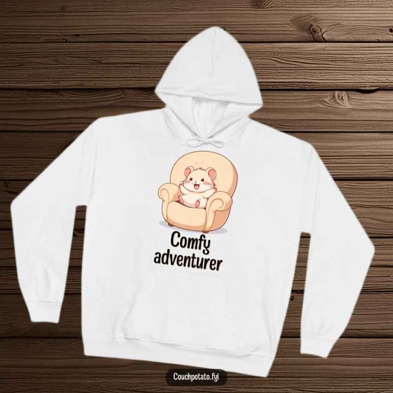 Funny hamster happily rolling in a giant, plush armchair, featured on a cozy hoodie, for humorous relaxation and warmth.