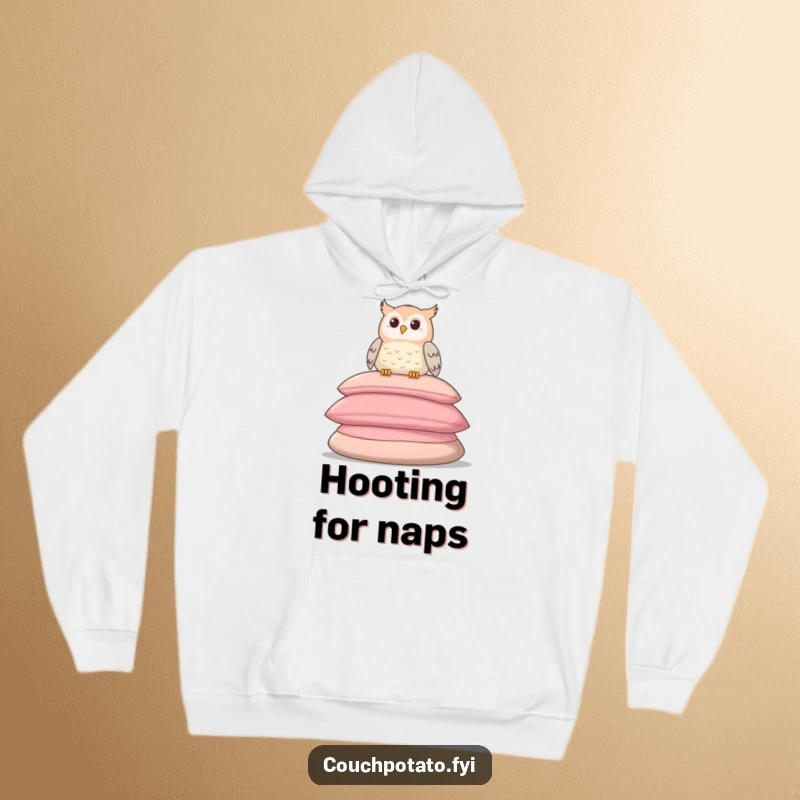 Funny hoodie featuring a contented owl resting on a stack of giant cushions, providing warmth and a humorous design.
