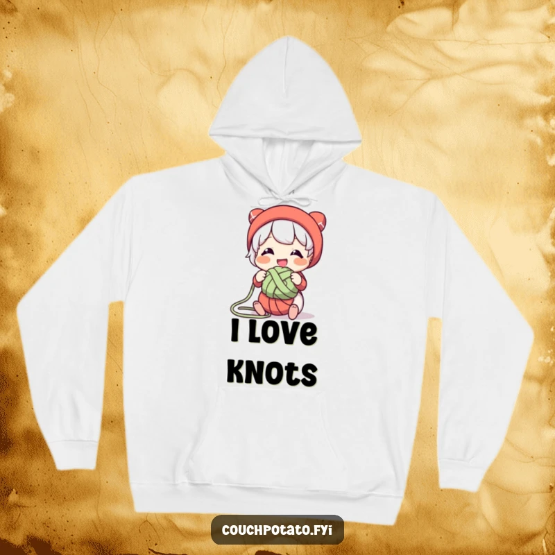 Funny, cozy hoodie showing a character smiling while untangling a knot of yarn, ideal for relaxing and crafting.
