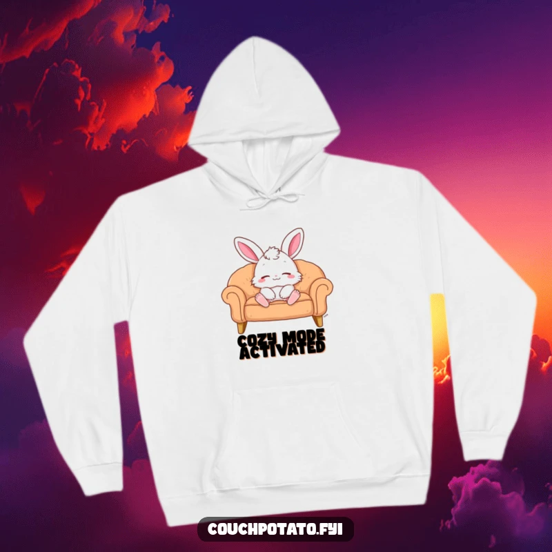 Funny Hoodie: A fluffy bunny reclines happily on a plush sofa, eyes closed in deep contentment. Cozy and funny gift.