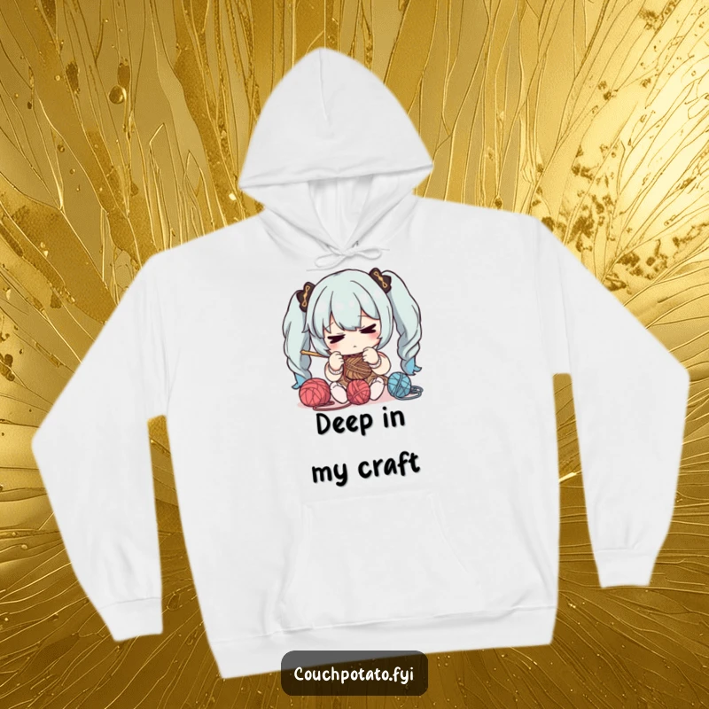 Funny, cozy hoodie showing a character intensely concentrating on manipulating yarn and needles, ideal for long crafting sessions.