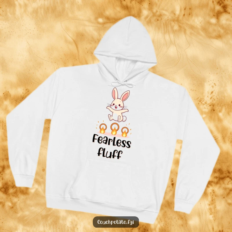 Funny Rabbit Hoodie: A courageous rabbit leaps over flaming hoops, depicted in a humorous design perfect for cold days.