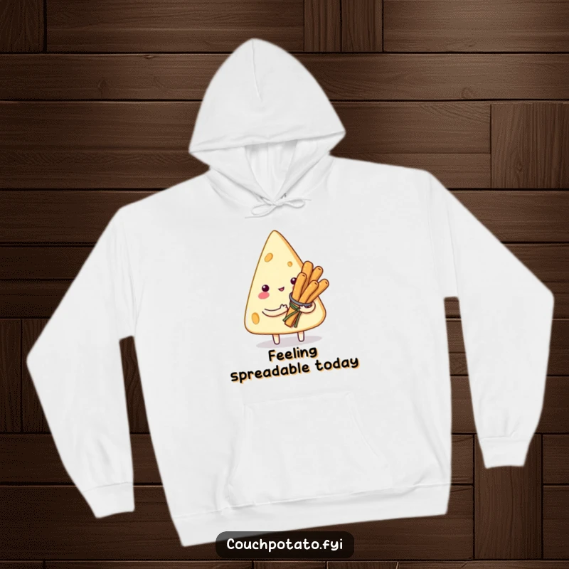 Funny hoodie design with a smitten cream cheese triangle holding a charming bouquet of tiny breadsticks, symbolizing comfort and humor.