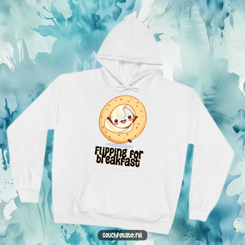 Funny cream cheese swirl doing a cartwheel with a bagel, designed on a warm and cozy hoodie for ultimate comfort.