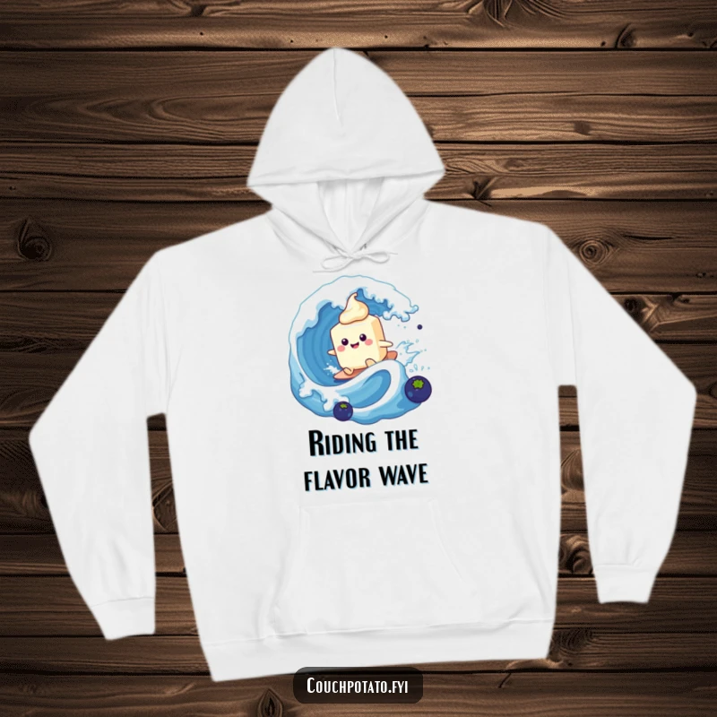 Funny cream cheese tub surfing a blueberry wave, designed on a warm and comfortable hoodie for ultimate coziness.