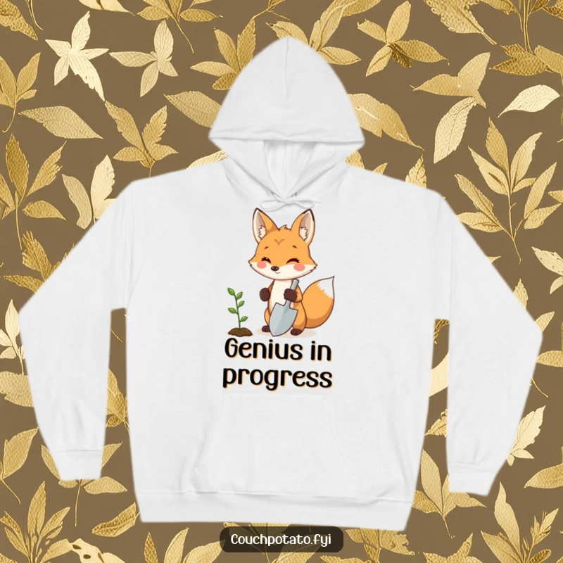 Funny fox gardener hoodie, a proud fox holding a miniature shovel next to a sprouting seedling, cozy and humorous outerwear.