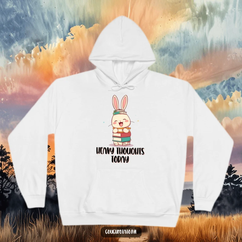 Funny giggling rabbit balancing a tower of books on its head, featured on a warm hoodie, offering humorous comfort and style.