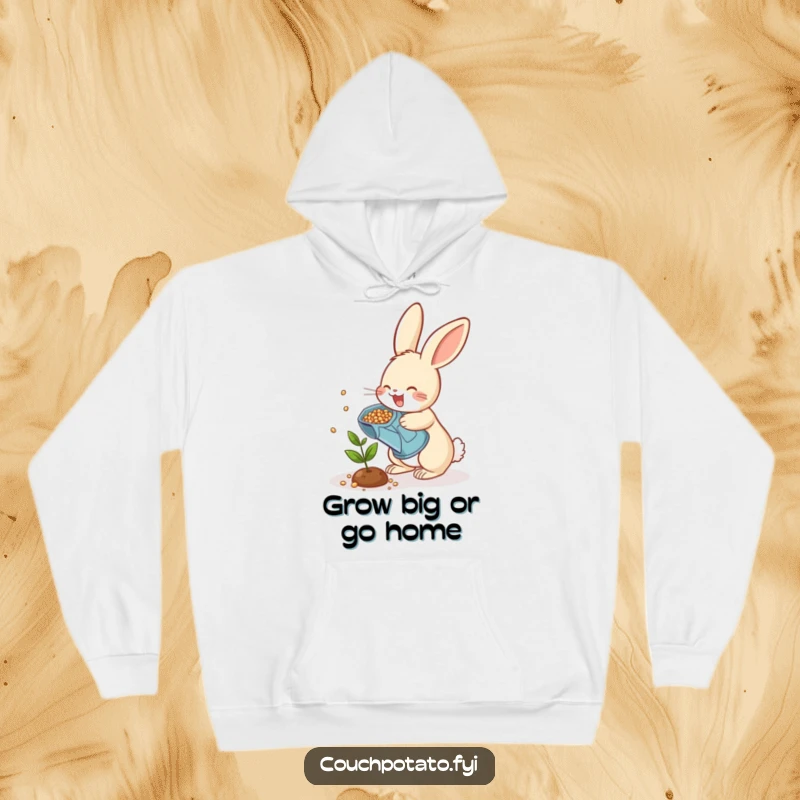 Funny rabbit gardener hoodie, a happy bunny using a watering can to scatter seeds on a little plant, cozy and amusing apparel.