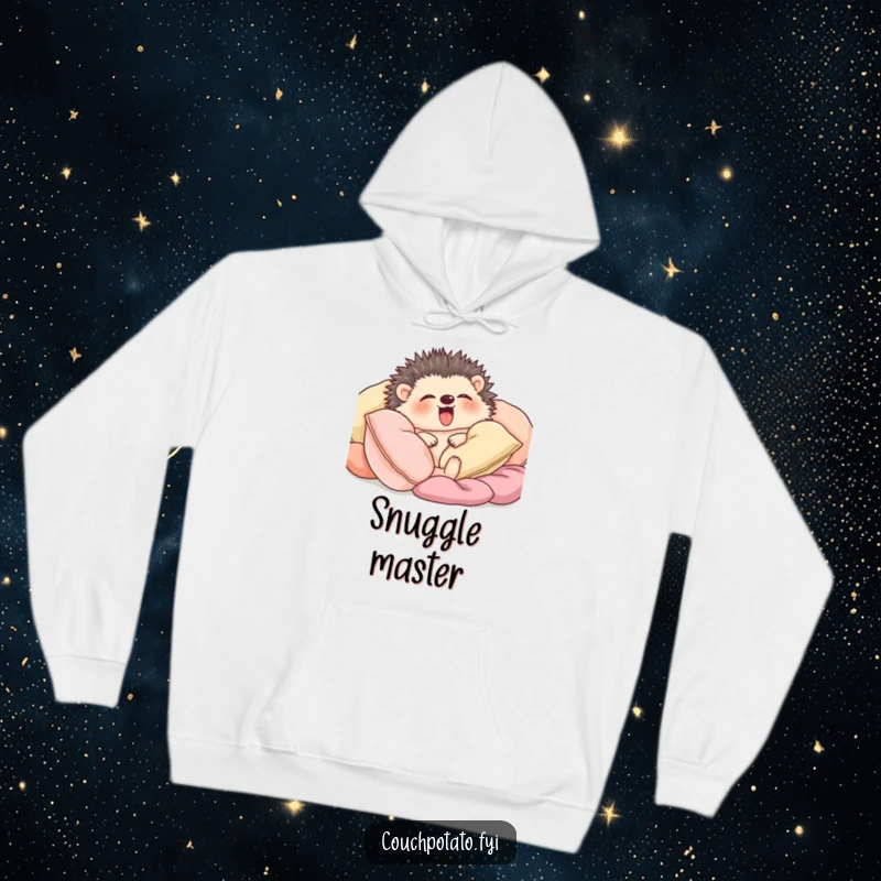 Funny hedgehog snuggled amongst soft cushions yawning widely, featured on a warm and cozy hoodie.