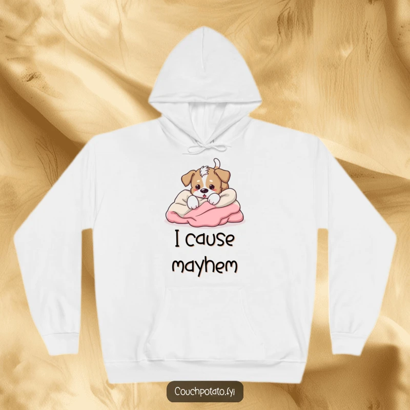 Funny energetic puppy tumbling headfirst into blankets, tail wagging furiously, a warm and humorous hoodie.